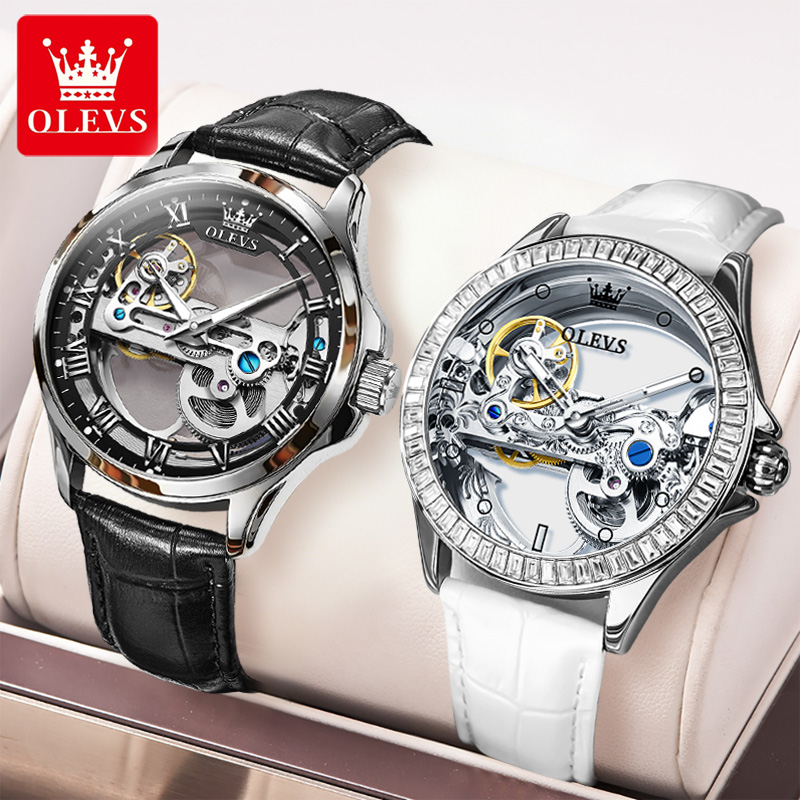Skeleton Mechanical Watch - นาฬิกาคู่ OLEVS ของแท้ โครงสร้างโปร่งใสเต็มรูปแบบ นาฬิกาจักรกลอัตโนมัติ สำหรับผู้ชาย