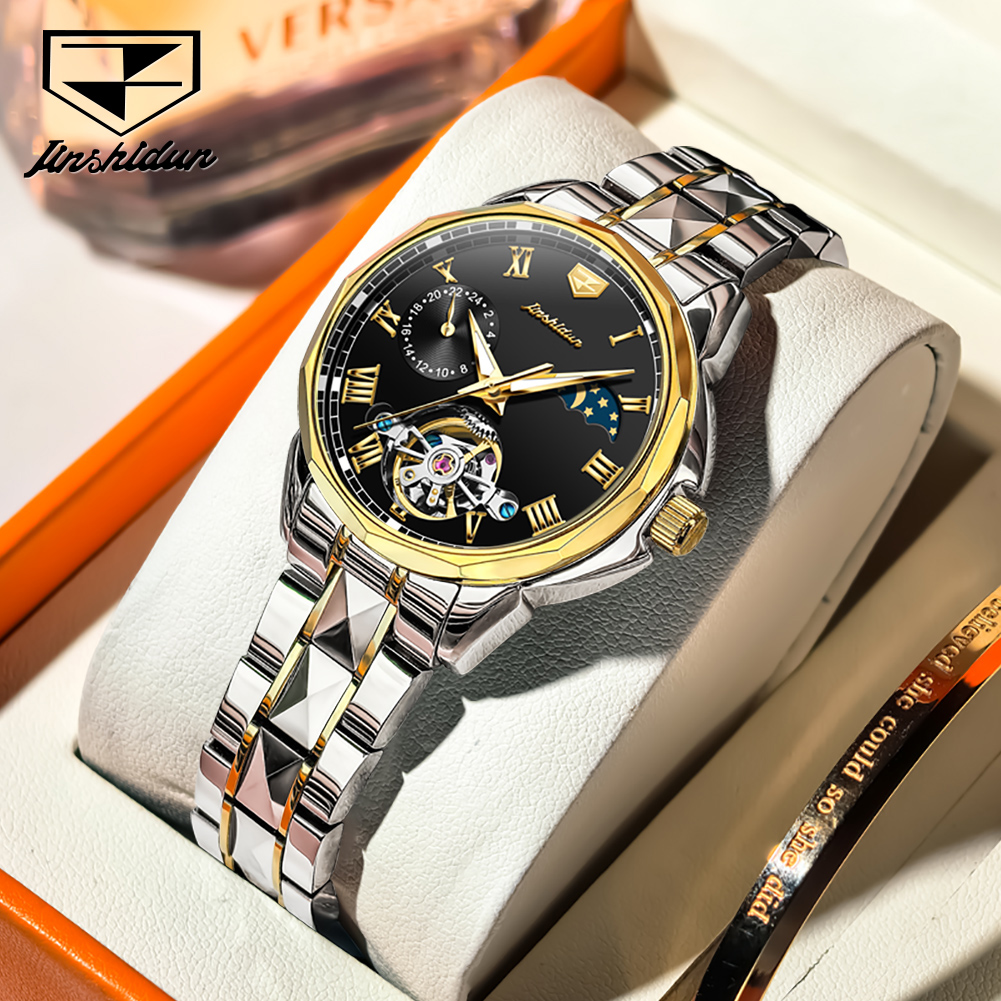 Skeleton Mechanical Watch - JSDUN 8937 นาฬิกาผู้หญิงนาฬิกากลไกอัตโนมัติแฟชั่นหรูหราเหล็กทังสเตนนาฬิกากันน้ำนาฬิกาข้างขึ้นข้างแรม