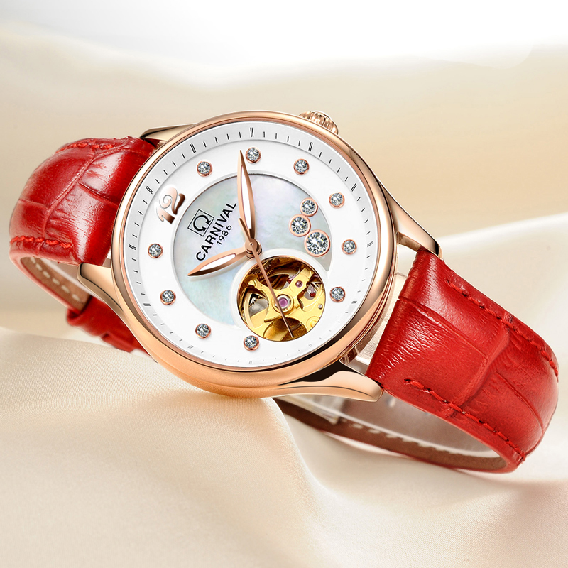 Skeleton Mechanical Watch - สวิตเซอร์แลนด์คาร์นิวัล ลักชัวรีนาฬิกาผู้หญิง MIYOTA อัตโนมัติกลไกแซฟไฟร์กันน้ำโครงกระดูกคู่ไรน์สโตนนาฬิกา C0682-4