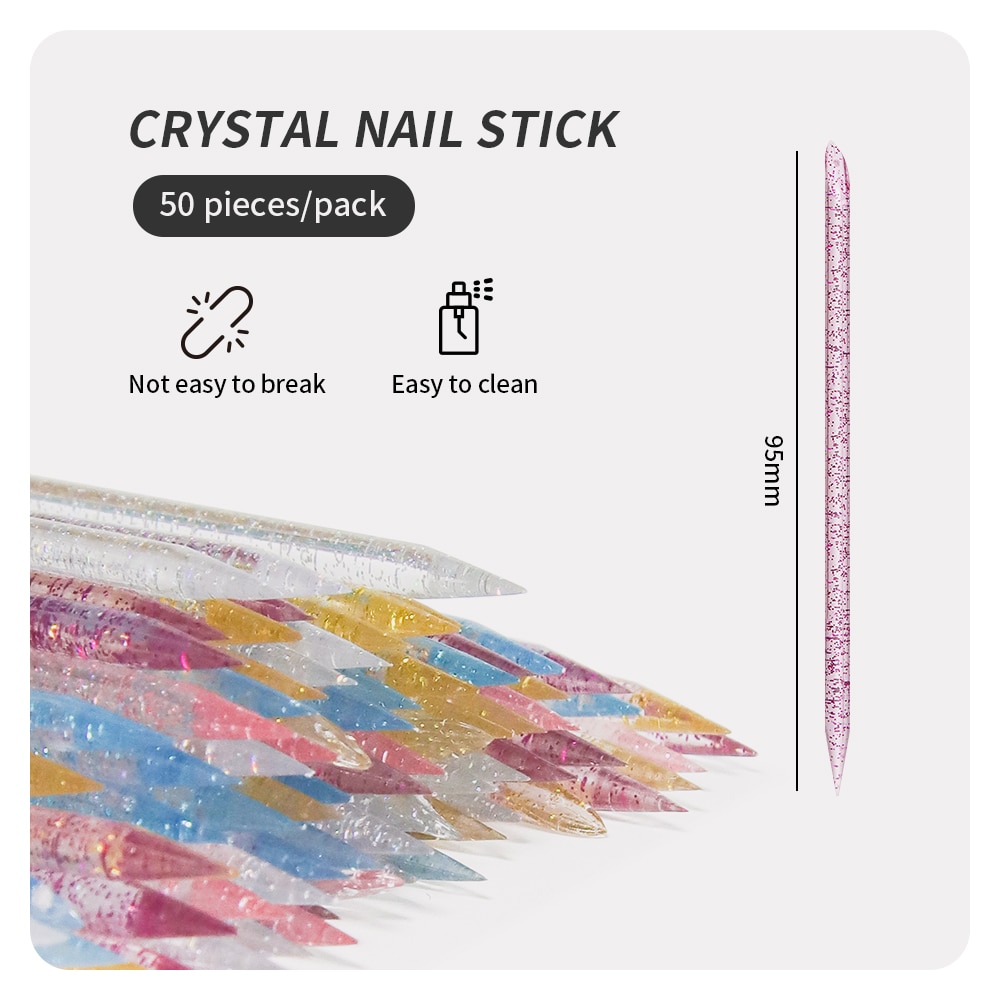 Crystal Press Tool - 50ชิ้นก้านที่ขูดเล็บเล็บคริสตัลปลายคู่ผิวหนังที่ตายแล้วลบเล็บเท้าเครื่องมือศิลปะการดูแลทำความสะอาดเล็บ