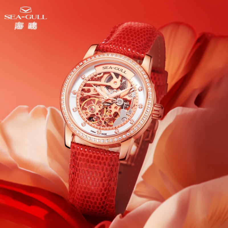 Skeleton Mechanical Watch - นาฬิกาข้อมือผู้หญิง Sea-Gull รุ่นแฟชั่น ระบบจักรกล สีแดง ประดับเพชรซิคอน