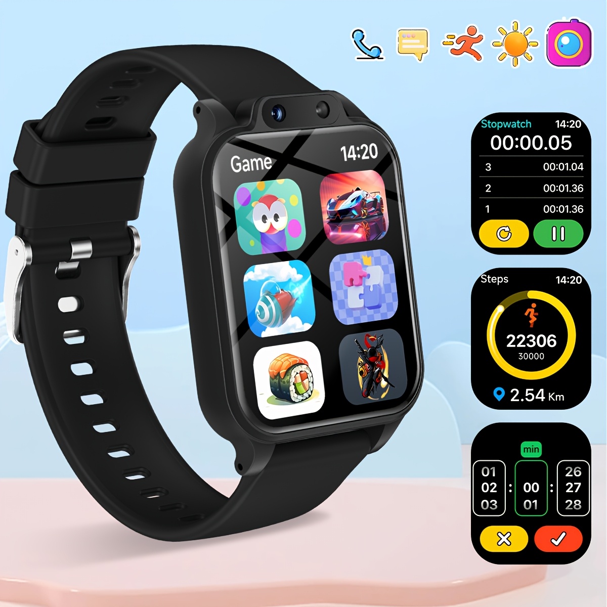 Kids Watches Not Smartwatch - สมาร์ทวอทช์สำหรับเด็กพร้อมเกมส์เสริมทักษะ 18 เกม, รองรับการถ่ายเซลฟี่แบบ HD, กล้อง,