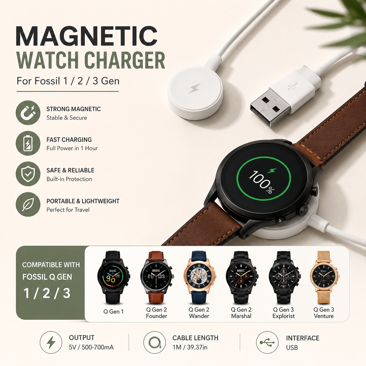 Fossil Watches Smartwatch Charger - อะแดปเตอร์ชาร์จนาฬิกา USB สายชาร์จสมาร์ทวอทช์ อุปกรณ์เสริมสำหรับเปลี่ยนแท่นชาร์จสำหรับนาฬิกา Fossil Gen