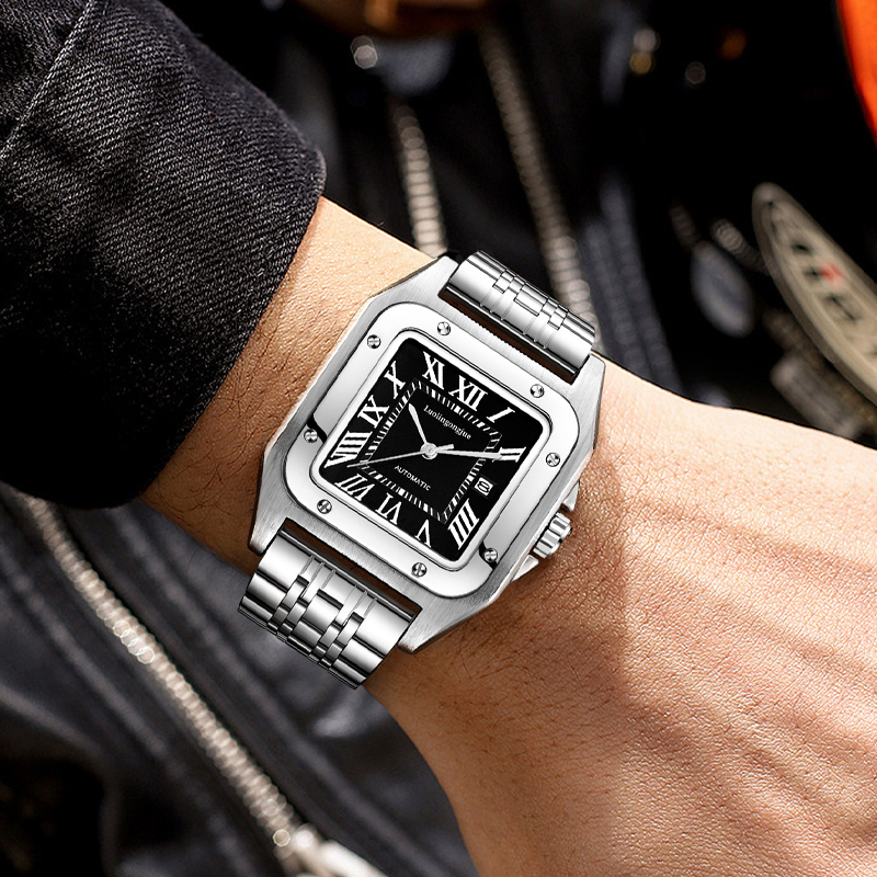 Cartier Watch Tank - นาฬิกาข้อมือกลไกอัตโนมัติทรงสี่เหลี่ยมหรูหราระดับไฮเอนด์สำหรับผู้ชาย พร้อมตัวล็อคแบบผีเสื้อแบบกลวง นาฬิกาข้อมือผู้ชายทันสมัยสำหรับธุรกิจและลำลอง ใช้งานได้หลากหลาย เหมาะสำหรับสวมใส่ในโอกาสต่างๆ ของขวัญตัวเลือกแรกสำหรับแฟนของคุณในวันวาเลนไทน์