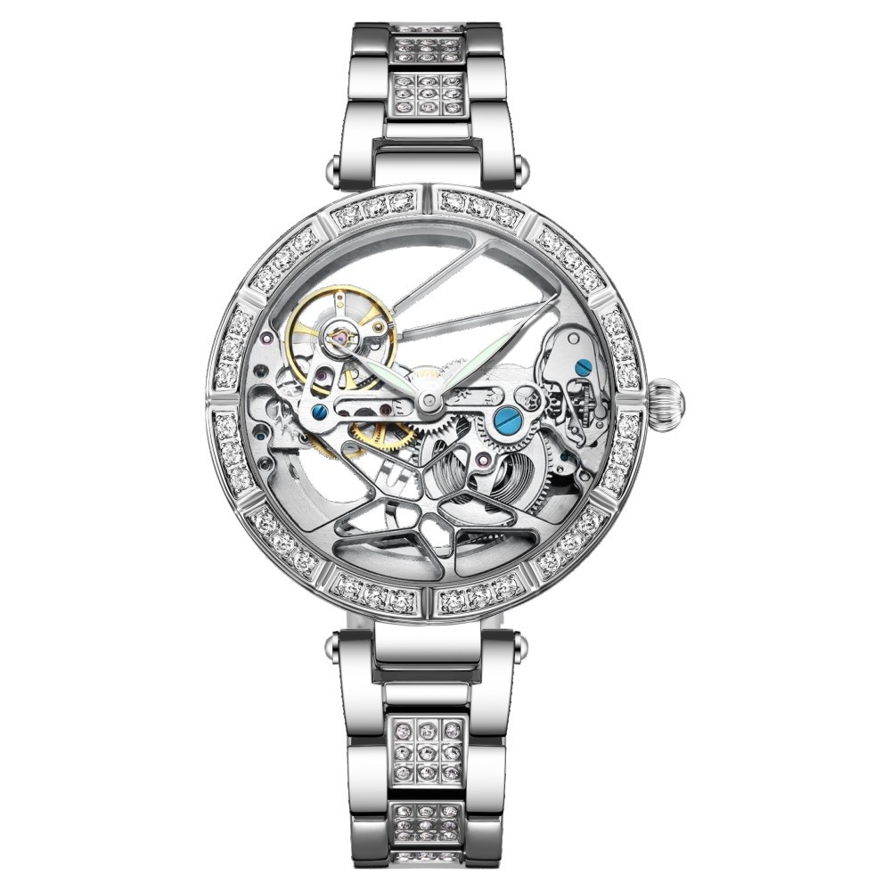 Skeleton Mechanical Watch - Luxury Skeleton Silver Dial นาฬิกาแฟชั่นสแตนเลสสตีลใหม่นาฬิกาข้อมืออัตโนมัติสําหรับผู้หญิง Reloj